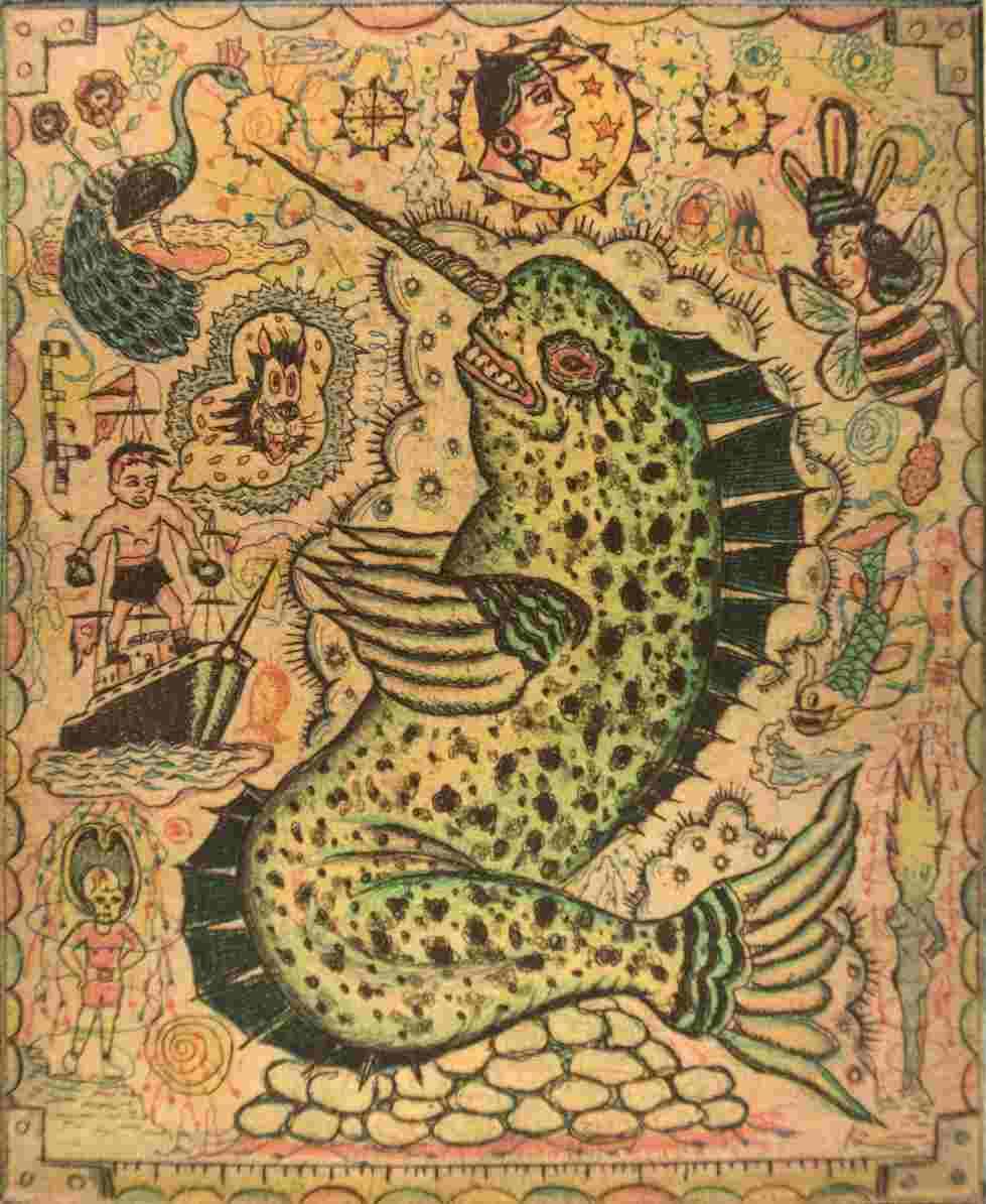 Example of Tony Fitzpatrick's artwork that is a fish with a unicorn horn.